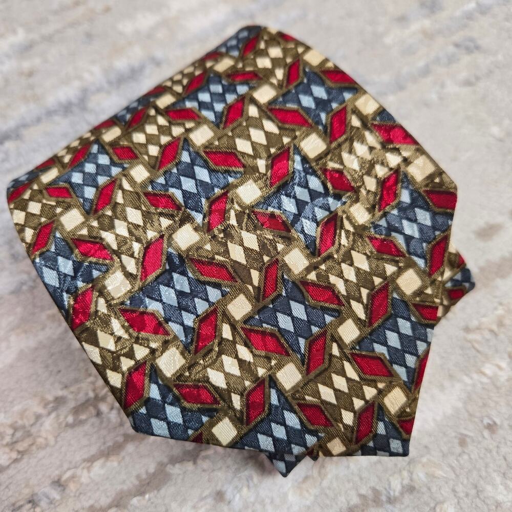 Christian Dior Men's Neck Tie‎ Red Blue Cream Diamond Geometric Pattern